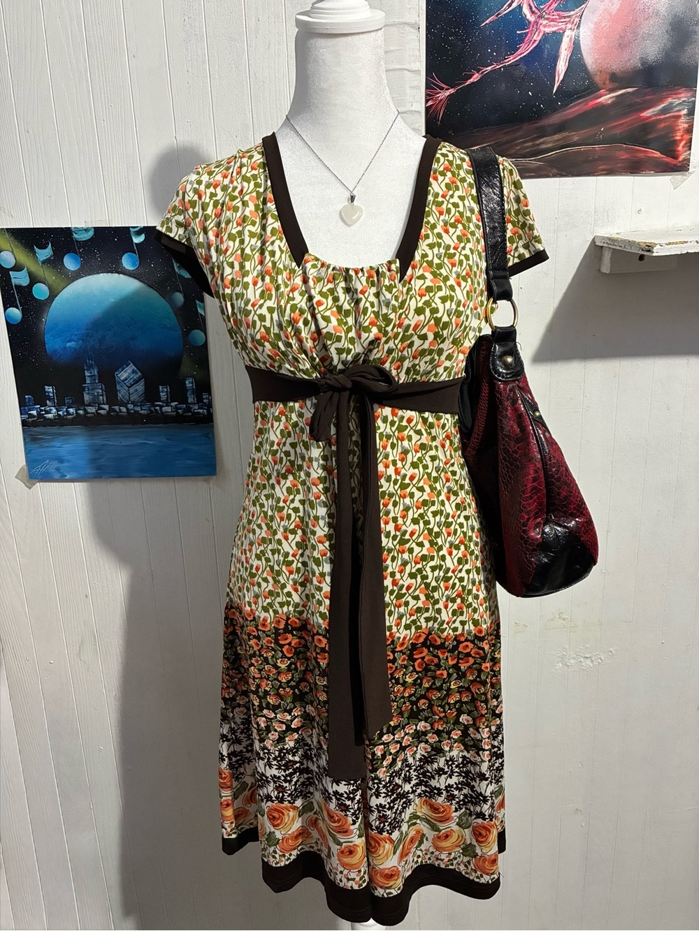 Vintage Bou Jeloud Korean Boho Floral Dress with Tie Waist Detail Size Small